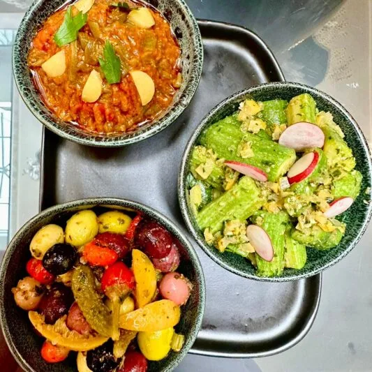 Colorful Moroccan salads at Riad Dar Chrifa, a well-known restaurant in Rabat.