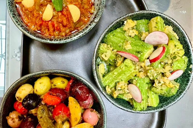 Colorful Moroccan salads at Riad Dar Chrifa, a well-known restaurant in Rabat.
