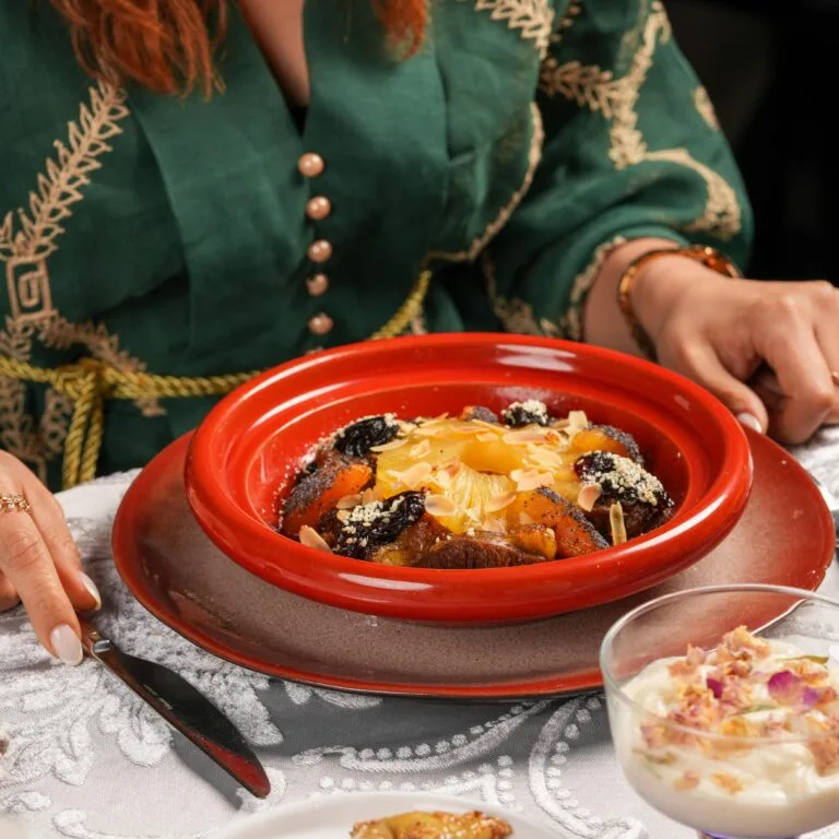 Traditional Moroccan tajine served at Riad Dar Chrifa Rabat, a cozy restaurant in Rabat.