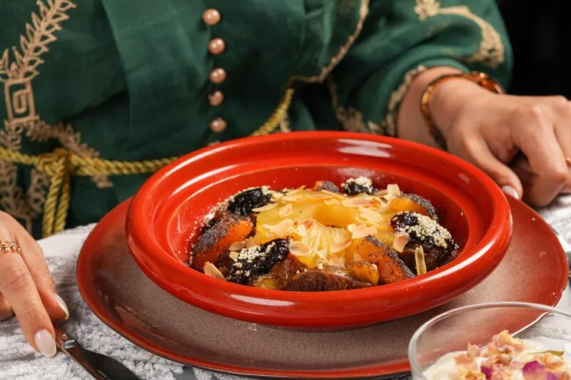 Traditional Moroccan tajine served at Riad Dar Chrifa Rabat, a cozy restaurant in Rabat.