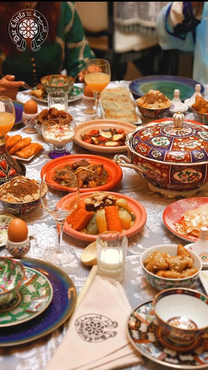 Elegant Ramadan Ftour in Rabat at Riad Dar Chrifa, featuring traditional Moroccan dishes in a warm and authentic setting.